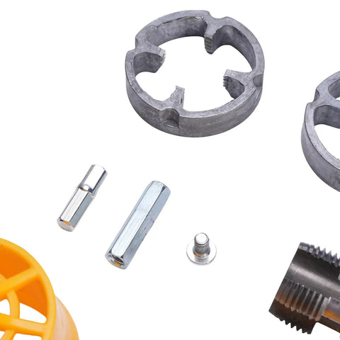 Top Rated ZJchao Electric PVC Pipe Threader Kit With Reusable Dies For Home Plumbing Projects and Outdoor Repair Work components layout with cutting dies and bolts.