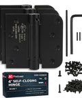 Self Closing Spring Loaded Hinges With Adjustable Tension For 4 Inch Doors Ideal For Garage Front And Back Doors Hands Free Closer Hinge Left Or Right Hand Black 3 Pack shown with installation tools and screws