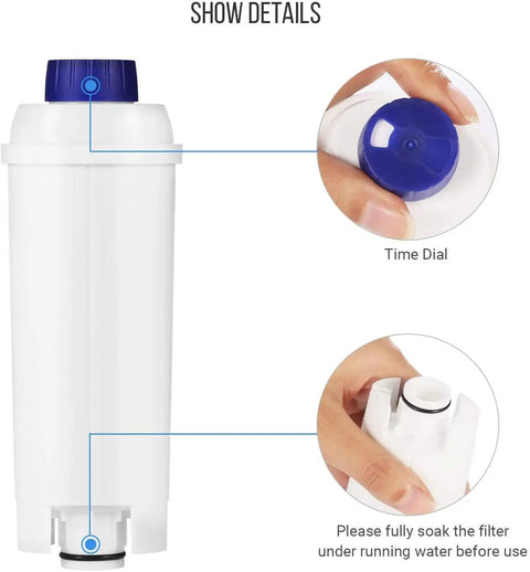 Close-up of Coffee Water Filter Replacement Pack Of 4 For DLSC002 Style Filters with time dial and soak instructions.