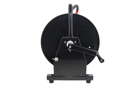 Front view of Beefy Heavy Duty Portable Hose Reel For 5000 PSI High Pressure Power Washers And Sewer Jetters Holds Three Eighths Inch By Two Hundred Feet Hose Steel Construction With Black Powder Coat And Spring Loaded Locking Mechanism