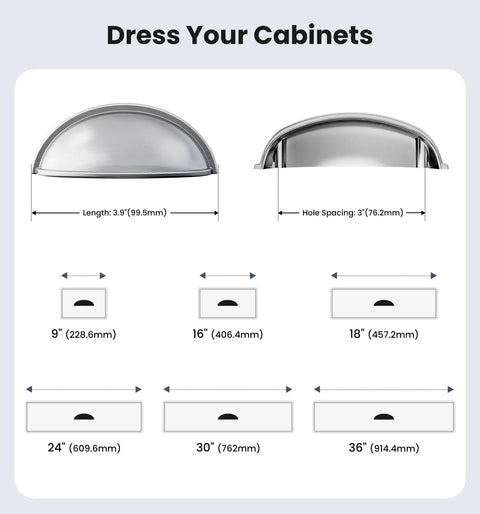 Diagram showing dimensions of Twenty Pack 3 Inch Drawer Pulls In Brushed Nickel, Solid Zinc Alloy Cup Handles For Cabinets, Dressers, Vanities