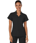 Women Slim Fit V Neck Mock Collar Scrub Top Soft Stretch Medical Uniform Nurse Shirt Super Comfy Hospital Workwear Fly Healthcare Day Shift Absolute Flex Classic in black worn by model.