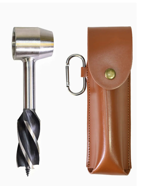 Rugged Outdoor Survival Tool With Manual Drill Wrench And Scotch Eye Auger For Bushcrafting, shown with protective case.