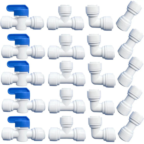 20 Piece Quick Connect Fittings For RO Water System Three Eighths Inch Tubing Ball Valve Tee Union Elbow Set Push To Connect