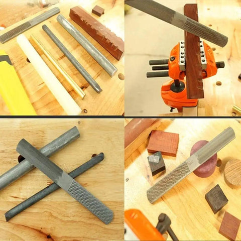 Two Pack 4 Way Wood Rasp File Set with Premium High Carbon Steel displayed on workbench for shaping and detailing wood and metal.