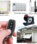 DC motor remote control switch with handheld black remote; waterproof 12V wireless actuator controller for doors.