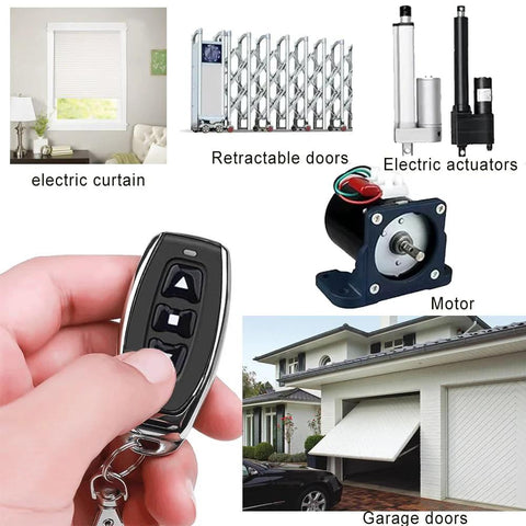 DC motor remote control switch with handheld black remote; waterproof 12V wireless actuator controller for doors.