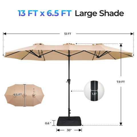 13 Foot Outdoor Patio Umbrella With Base Included, Double Sided Fade Resistant Canopy, Beast Shade For Deck Backyard And Pool Area, Large Table Umbrella For 2 To 6 Seats, Beige, showing size dimensions and black pole