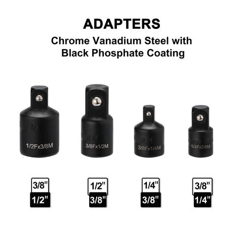 Chrome vanadium steel adapters with black phosphate coating from 18-Piece Drive Socket Set With Adapters, Extensions, Universal Joints And Impact Coupler For 1/4, 3/8 And 1/2 Inch Drive.