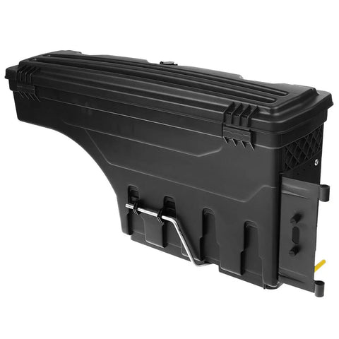 Heavy Duty Left Side Mount Tool Box For Ram 1500 Truck Bed Storage In Solid Black visible from side angle with latch detail.