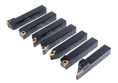 3/4 Inch Shank 7 Piece Indexable Carbide Turning Tool Set In A Fitted Box With TiN Coated Inserts, Positive Rake Cutting, Built In Chip Breaker For General Purpose Turning And Fine Finish