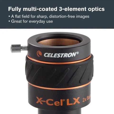 X-Cel LX 2x Barlow Lens For 1.25 Inch Eyepieces, Amp Up Your Telescope View, Three Element Apochromatic Optics, Fully Multi Coated, Rubber Grip, Brass Compression Ring, Filters Compatible, side view