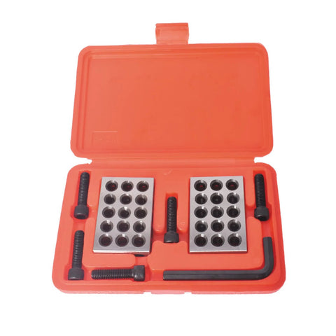 Two 1x2x3 hardened steel machinist setup blocks with 23 holes, screws and hex key in orange case