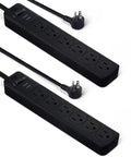 Dead Simple Dual Pack Six Outlet Surge Protector Power Strip With Six Hundred Joule Protection Circuit Breaker Safety Shutters And A Sleek Two Foot Black Cord For Desk Setup side view of two black power strips with six outlets each
