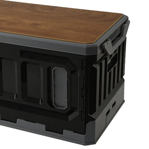 Huge Capacity Folding Storage Bin Built Like A Tank Stackable Wooden Lid Camping Crate with black plastic and wood top.