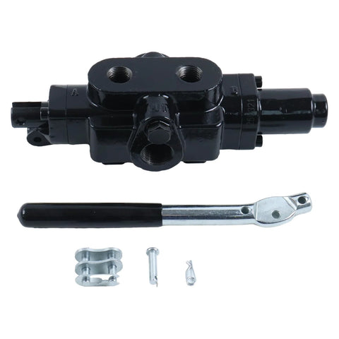 NETYANPI hydraulic directional control valve with lever; black metal body, 3/4 in inlet/outlet, 1/2 in ports, hardware