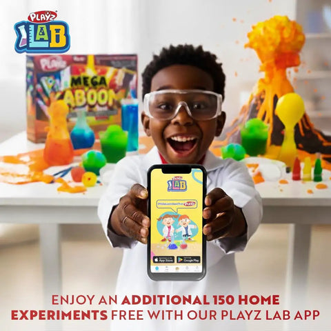 Smiling boy holding phone with Totally Explosive Chemistry Kit display, colorful science experiment setup in background