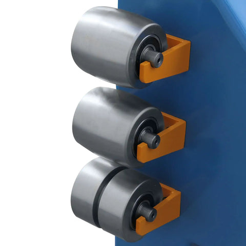 Close-up of smooth swivel rollers on Heavy Hauler 45 Inch English Wheel For Metal Fabbing Shapes 16 Gauge Steel And Copper.