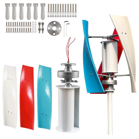 Powerful 10000W Vertical Wind Turbine for Home Use with blue, red, and white 3 blades and MPPT controller.