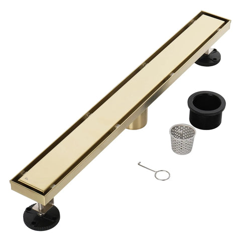 Rugged 42 Inch Linear Shower Drain With Flip Style Tile Cover And Sleek Satin Brass Trim crafted from bulletproof 304 stainless steel with hair catcher.