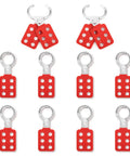 Pro Grade Red Lockout Hasp Set 10 Pack, 25mm Safety Tagout Solution for industrial worksites, displayed in a grid layout