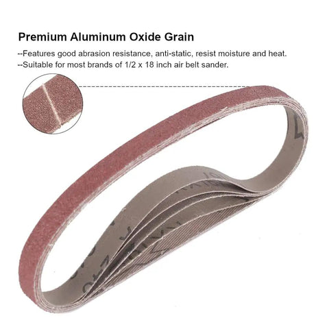 Half Inch By Eighteen Inch Aluminum Oxide Sanding Belts Set for Belt Sander showing belt layers and texture in folded position