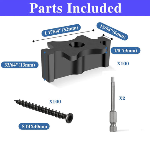 Hidden Deck Fasteners Kit With Stainless Steel Screws And Drill Bits For Composite Decking Pro Grade DIY Friendly Universal Decorative Plate Clamps 100 Piece Set For Clean Neat Flawless Install showing parts included.