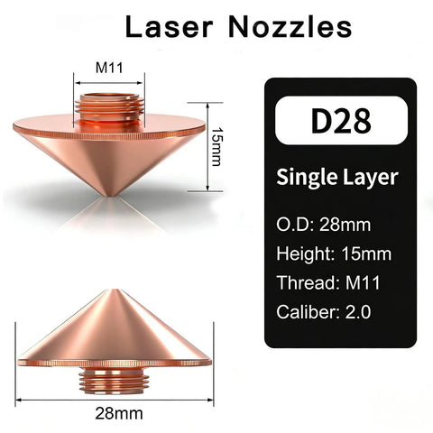 Single Layer Copper Fiber Laser Cutting Nozzle 28mm Diameter, 15mm Height, M11 2.0 Caliber, 5 Pcs Pro Grade Replacement Nozzles For Fiber Laser Heads, High Precision Durable Copper Construction