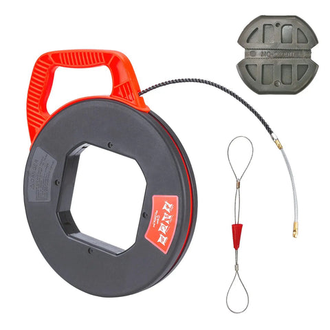 Heavy Duty Polyester Fish Tape 100 Ft 6mm With 3 Core Braided Pulling Tape Changeable Leader Tip Red Winding Case Easy Flex