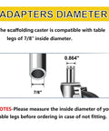 Adapters diameter for No Nonsense Heavy Duty 4 Inch Casters For Wire Shelving Racks with specifications and notes on fitting.