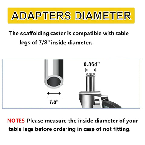 Adapters diameter for No Nonsense Heavy Duty 4 Inch Casters For Wire Shelving Racks with specifications and notes on fitting.