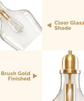 Hand Blown Glass Bell Pendant Light in Gold and Clear, Industrial Farmhouse Style, close-up of clear shade and gold finish