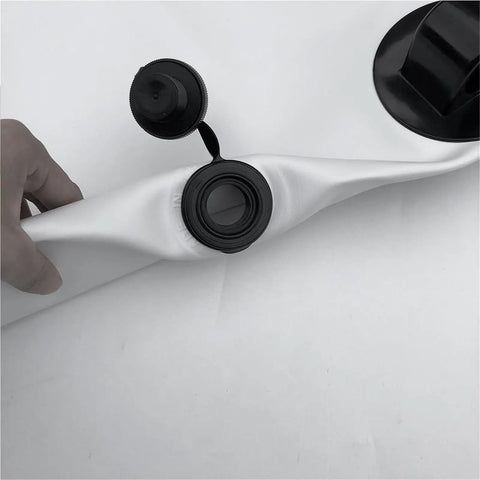 Close-up of valve and cap on inflatable outrigger stabilizer for kayaks and canoes, PVC buoyant boat stabilizer.