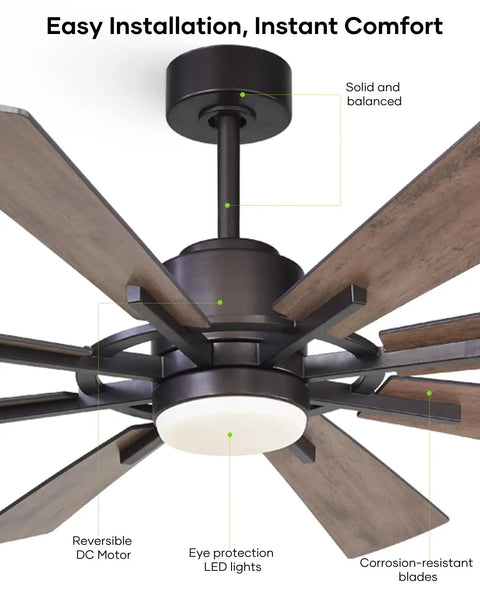 60 Inch Farmhouse Ceiling Fan With Light In Black Remote Control, Beast Airflow With Whisper Quiet DC Motor, Up To 6300 CFM, Energy Saving Up To 75 Percent, Perfect For Living Room, Bedroom, Or Covered Patio. Ceiling fan with LED light and wood blades
