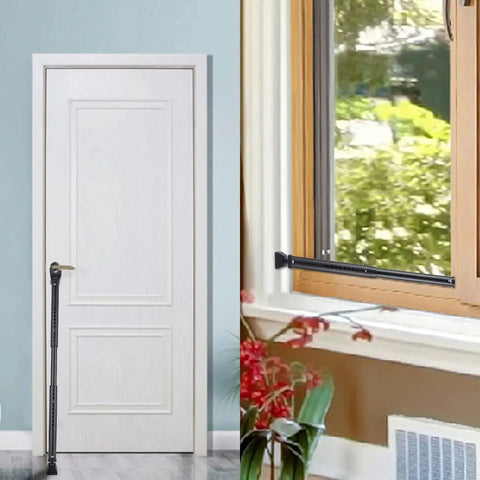 Two Pack 2 In 1 Door Security Bar And Sliding Patio Door Stopper Jammer For Child Proof Safety Adjustable Heavy Duty Iron Black Home Security Barrier Bundle shown on door and window