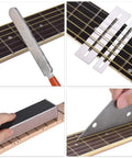 Pro Grade Guitar Repair Kit with fret leveling beam, crowning file, fret rocker, and guards on electric and acoustic guitars.