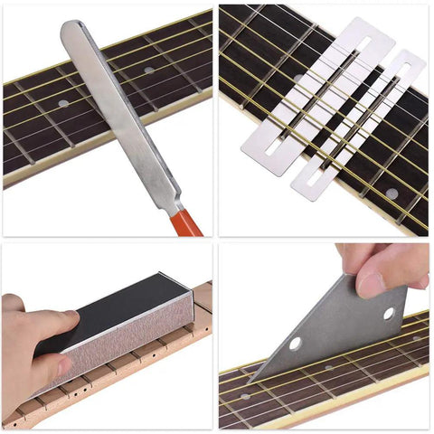 Pro Grade Guitar Repair Kit with fret leveling beam, crowning file, fret rocker, and guards on electric and acoustic guitars.