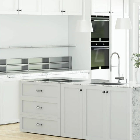 Modern kitchen with Three Inch Kitchen Cabinet Handles Set 30 Pack Black And White Marble Grain Two Tone Square Pulls installed.