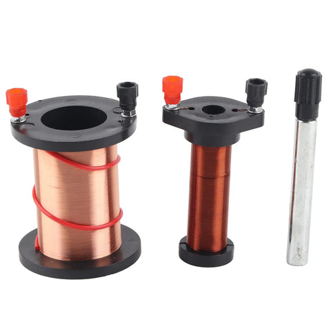 Hands On Electromagnetic Induction Coil Kit For Physics Class, Lightweight Portable PVC And Brass Coil For Easy Hands On Experiments In Middle And High School Science Labs, showing copper windings and connectors