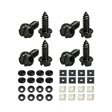 Gear Up Your Ride Smoothly With These Hella Tough Slotted Stainless Steel License Plate Screws In Fresh Black Finish Eight Piece Set for vehicle mounting kit.