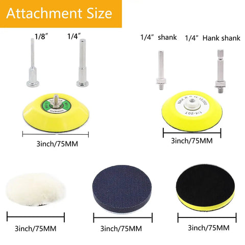 Attachment sizes for All In One 144Pc 3 Inch Sanding Disc Drill Polishing Kit with pads and shanks visible
