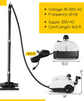 Smooth Glide Steam Cleaner With Safety Trigger And 61 Oz Tank 1800W front view with hose, control panel, and dimensions shown.