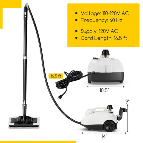 Smooth Glide Steam Cleaner With Safety Trigger And 61 Oz Tank 1800W front view with hose, control panel, and dimensions shown.