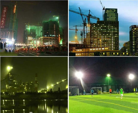 Heavy Duty Rechargeable Floodlight IP66 Waterproof illuminating construction sites and outdoor sports fields at night.