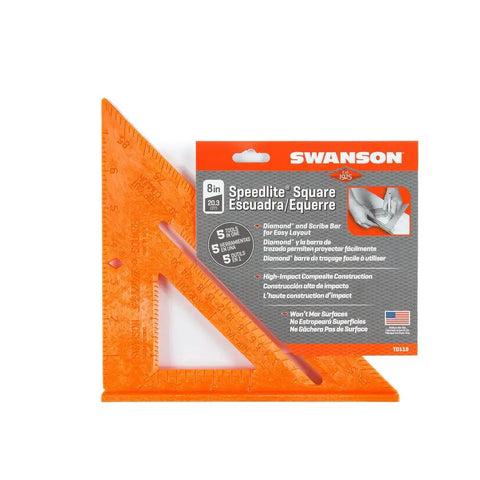 8 Inch Orange Composite Speed Square Layout Tool With Center Line Guide Beveled Edge And One Eighth Inch Notches