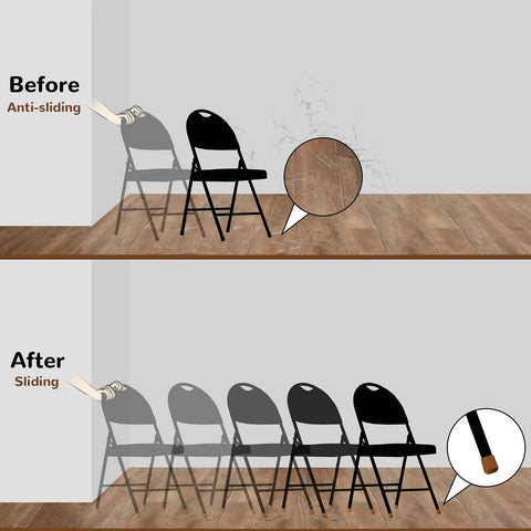 Comparison image showing Hella Tough Brown Folding Chair Leg Caps 12 Pack protecting floors from scratches before and after use.