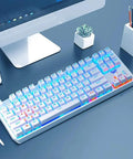 Kick Ass Mechanical Gaming Keyboard 87 Keys Tenkeyless Build Hella Smooth Typing with RGB lighting on a desk setup.