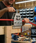 Man using tubing straightener for 3/16 to 1 inch coiled brake and fuel line, mounted on bench in a workshop.