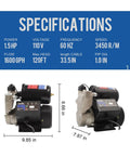 Side view of Beefy 1.5HP Booster Pump With Mechanical Pressure Switch, 1600 GPH Flow, 120 Ft Max Head with specification details.