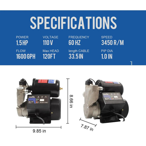 Side view of Beefy 1.5HP Booster Pump With Mechanical Pressure Switch, 1600 GPH Flow, 120 Ft Max Head with specification details.